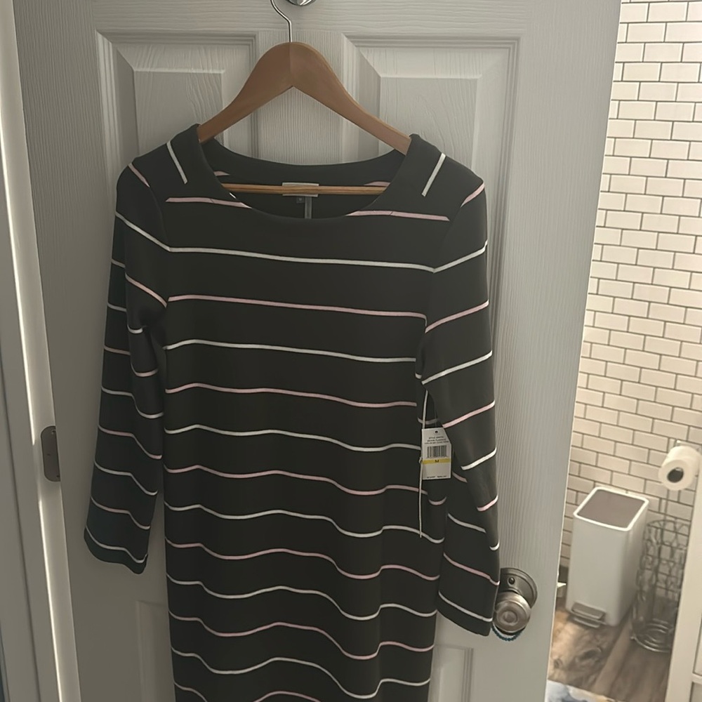 Court and olive, pink and crème stripped dress